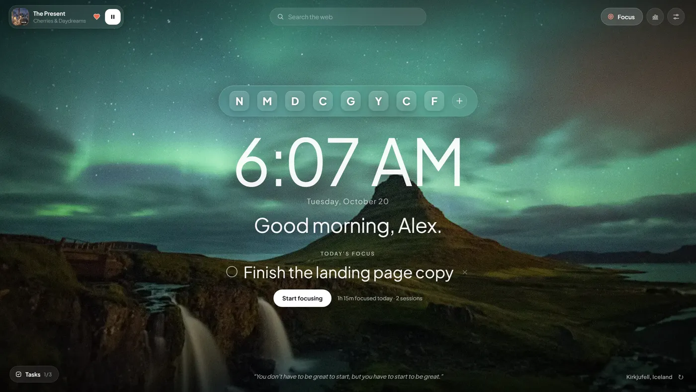The WebWell new tab over a photo of Kirkjufell, Iceland, with a clock, greeting, today’s focus and a Start focusing button.
