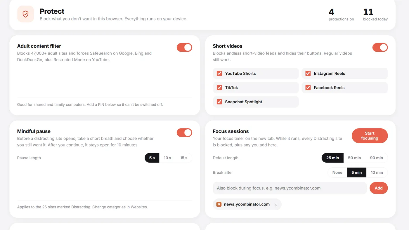 The Protect page with switches for the adult content filter, short videos and mindful pause, plus focus-session blocking and a parent PIN.
